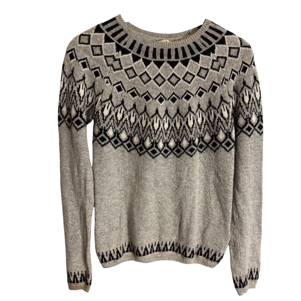 HM LOGG Womens Grey Fair Isle Nordic Knit Crew Neck Sweater XS Grey Black White